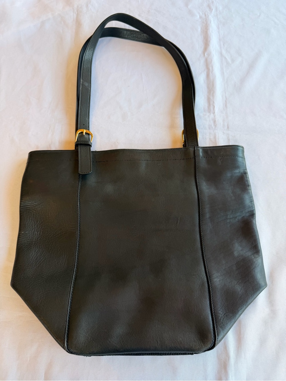 Large Thick Black Glove Leather Duffle Tote with Gold Buckle Straps
